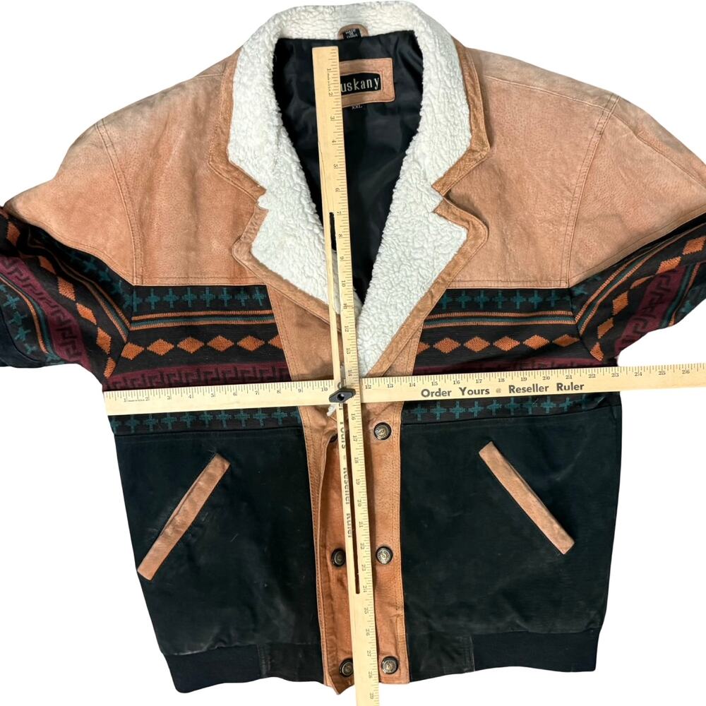 Vintage 90s Tan Black Leather Southwest Sherpa Lined Trucker Jacket size XXL - Picture 5 of 16